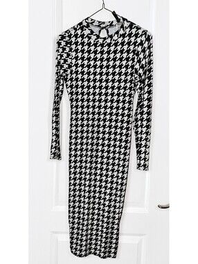 Uptown Houndstooth Midi Dress M Black White Long Sleeve Keyhole Back Bodycon